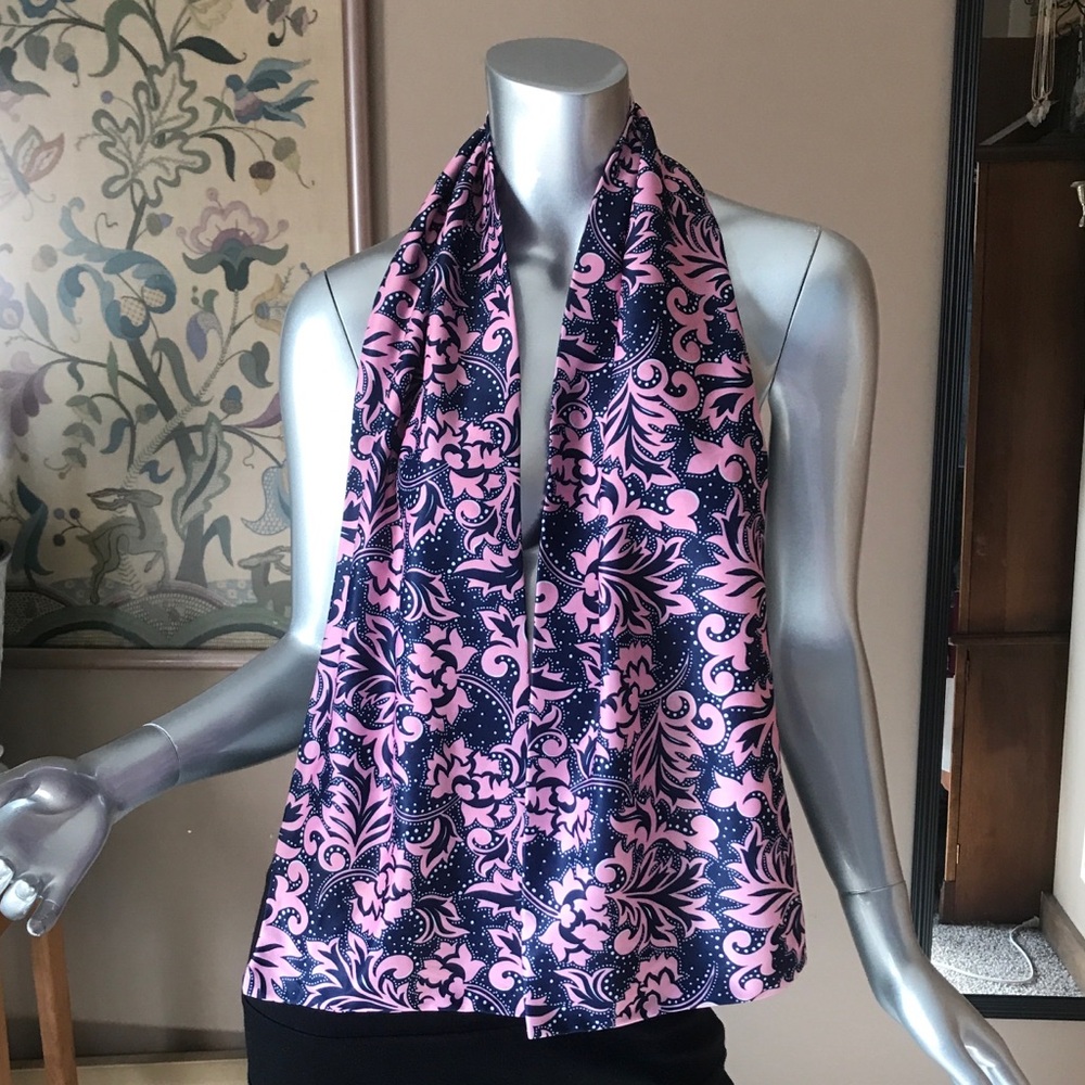 Navy Blue Pink Polka Dot Leaf Pattern Scarf Soft And Stretchy 8.5”x 55” - Picture 3 of 6